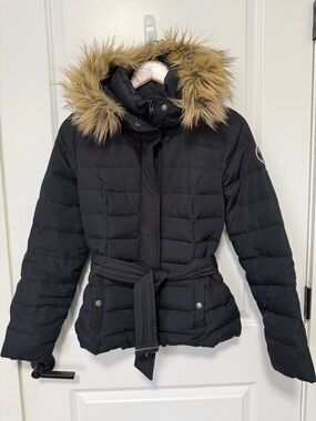 Abercrombie & Fitch Blue belted puffer jacket faux fur trim hood size Medium